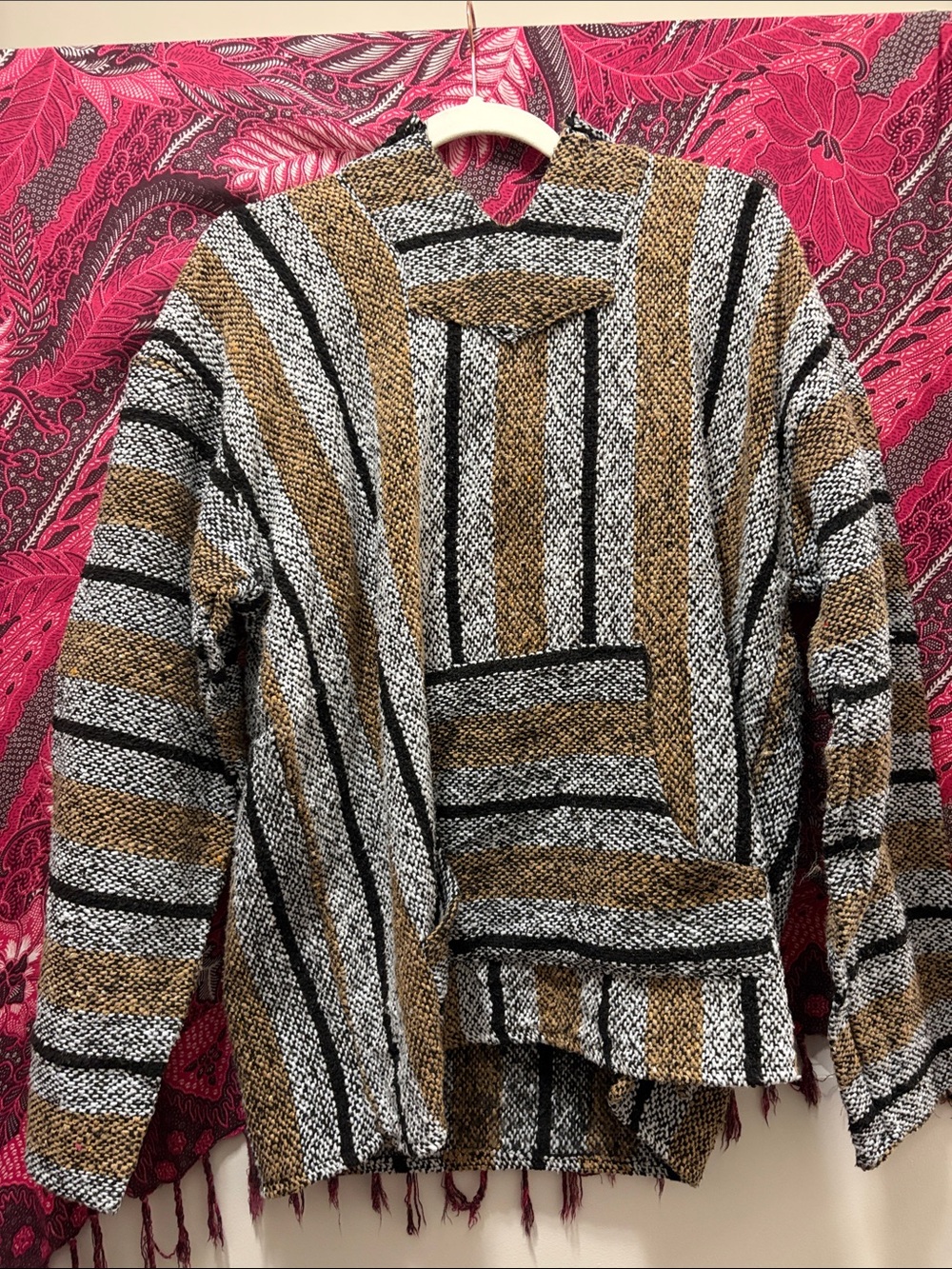 Striped Woven Baja Hoodie Jacket in Black, Tan & Cream